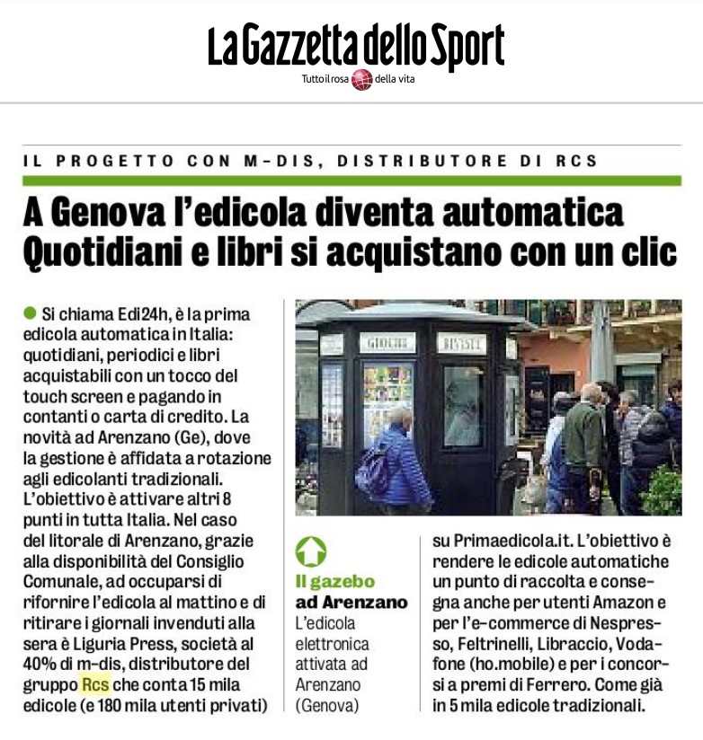 A Genova l'edicola diventa automatica. Quotidiani e libri si acquistano con un click